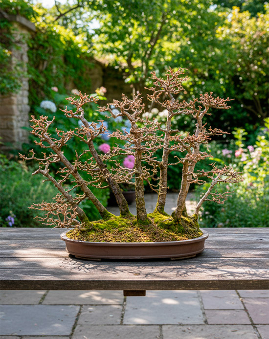 Bonsai de lariix kaempferi o alerce japonés sin hojas