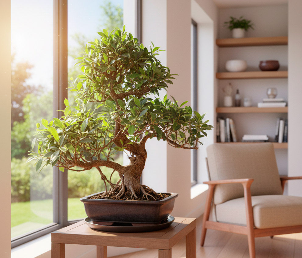 Bonsái de ficus retusa situado junto a una ventana bien iluminado