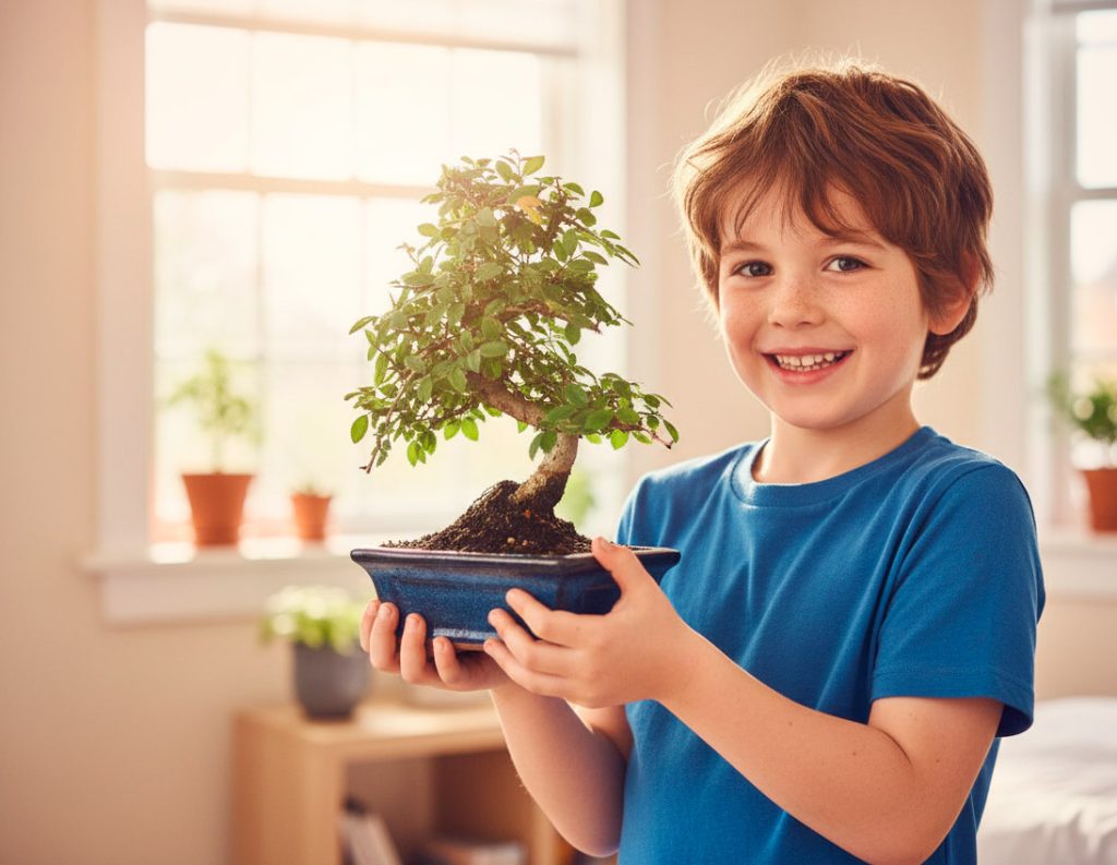 Un niño nos muestra orgulloso su bonsái de olmo chino